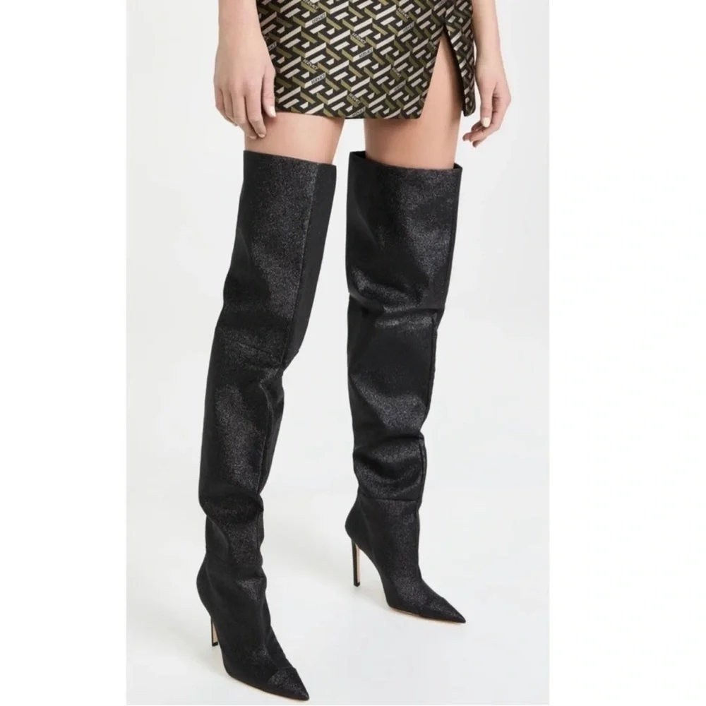 NWOT GOOD AMERICAN Slouchy Over The Knee Boots Black Glitter 5.5